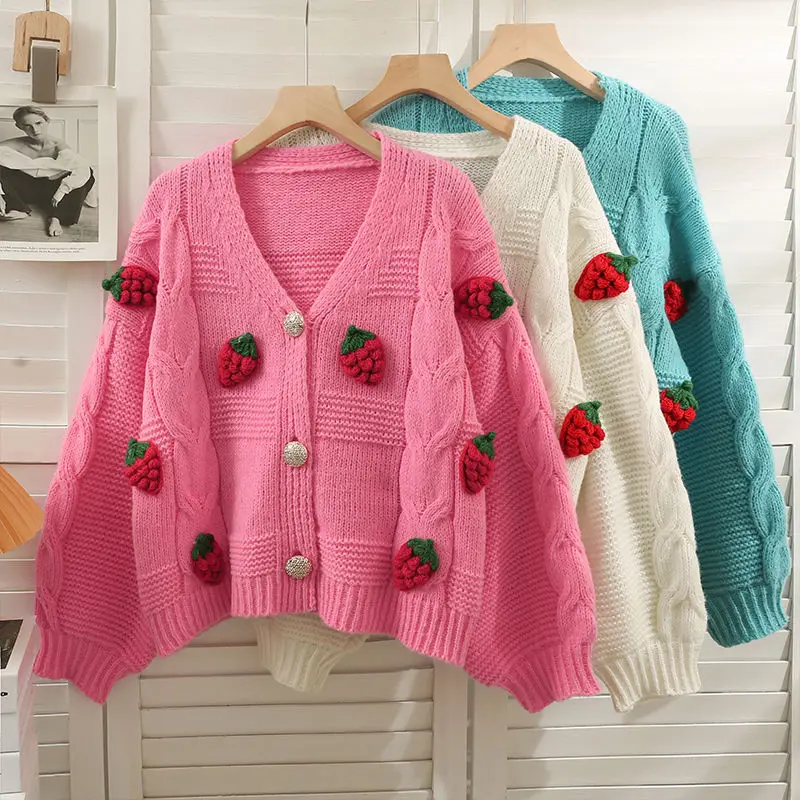 

Sweet Strawberry Cardigans Loose Single Breasted Knitwear Women's Korean Fashion Puff Sleeve Short Cardigan Sweater Jackets