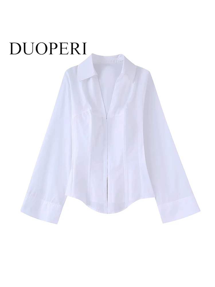 

DUOPERI Women Fashion Solid Bustier Blouse Vintage V-Neck Long Sleeves Female Chic Shirts Outfits