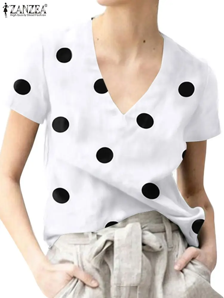 

Топы ZANZEA с коротким рукавом, женская блузка в горошек с принтом, богемная Повседневная рубашка с V-образным вырезом, Женская Модная элегантн...