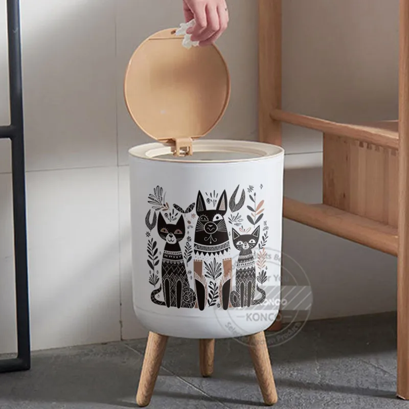 

High Foot Trash Can with Lid Imitation Wood Plastic Waste Bins MINI Desktop Garbage Bucket Toilet Garbage Container Wastebasket