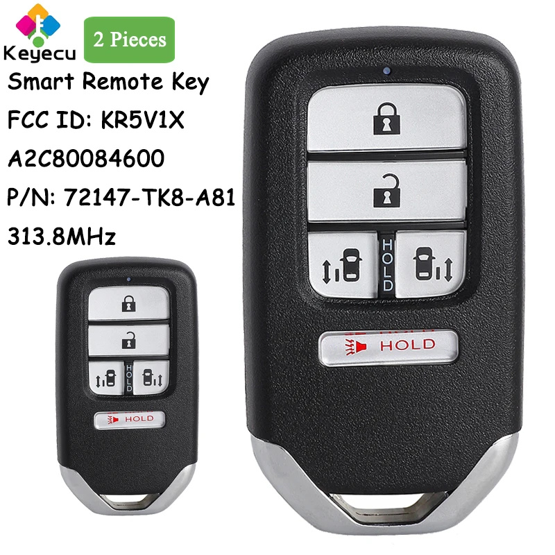 

KEYECU 2 Pieces Smart Remote Car Key With 5 Buttons 313.8MHz for Honda Odyssey 2014 2015 2016 2017 2018 Fob KR5V1X A2C80084600