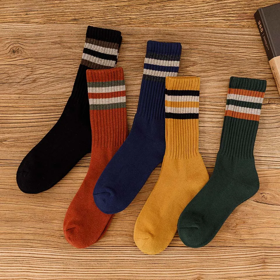

Retro Size Socks Cotton Warm Pair Plus Winter Harajuku Terry 100% Striped Thick 5 Long Tube Socks Men's