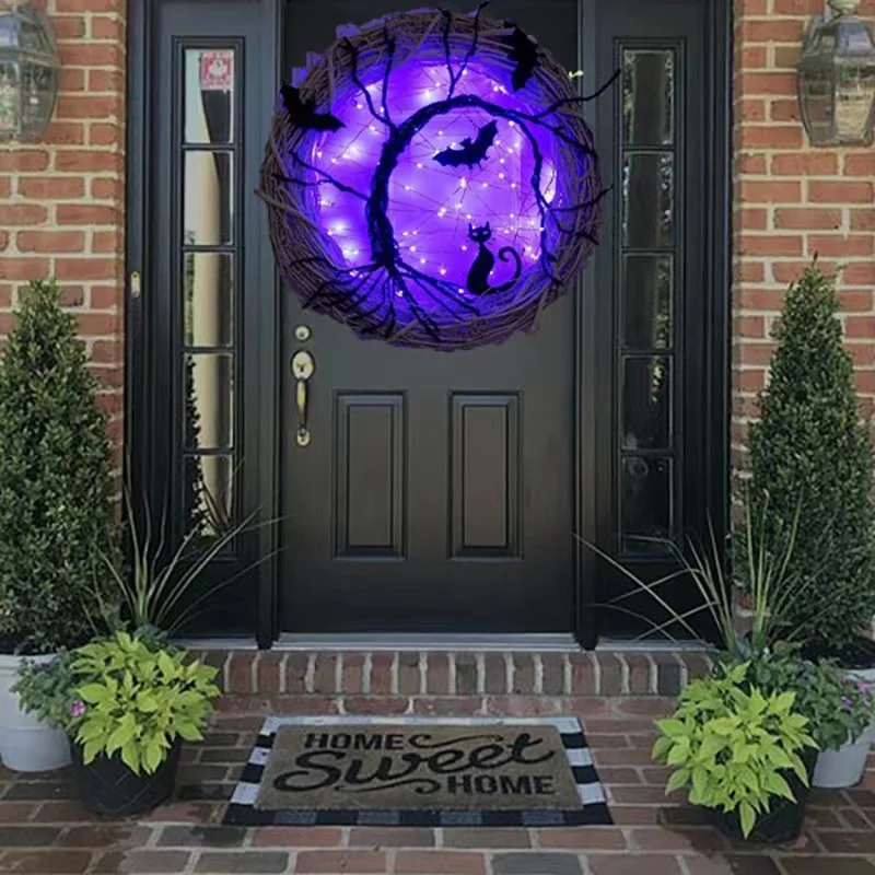 

Halloween Wreath with Light Glowing Garland for Front Door Wall Wreath Light Up Accessorie Ornaments Black Bat Cat Spooky Party