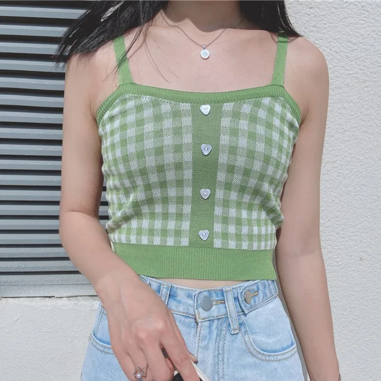 

2023 Summer Camis Women Cute Kawaii Plaid Tank Crop Top Corset Knitted Female Slim Cottagecore Stretchy Camisole E Girl Bustier