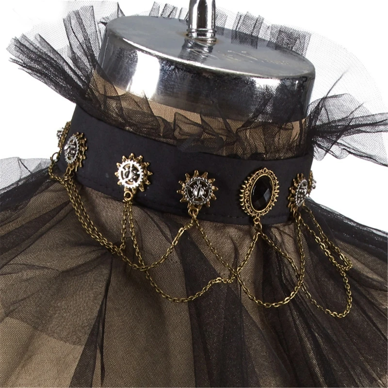 

Renaissance Gothic Tulle Mesh Ruffle False Collar Victorian Metal Gears Chain Neck Ruff Capelet Costume Cosplay Props