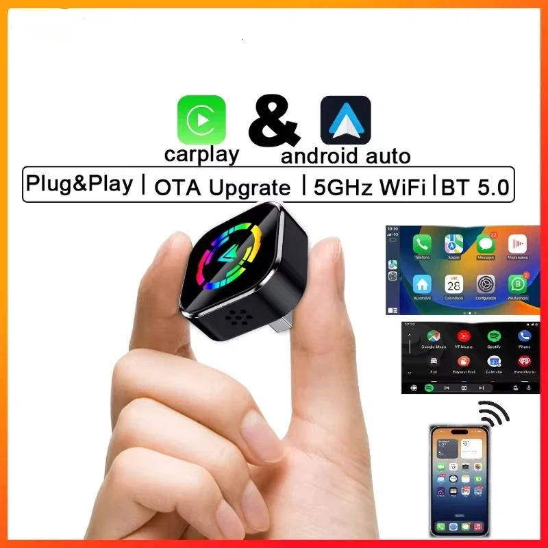 

Адаптер Carplay Беспроводной Carplay Android Auto Box Голосовое управление 2 в 1 Автоматическое подключение Стабильная вилка и вилка Проводной к беспроводу 2025 Новый