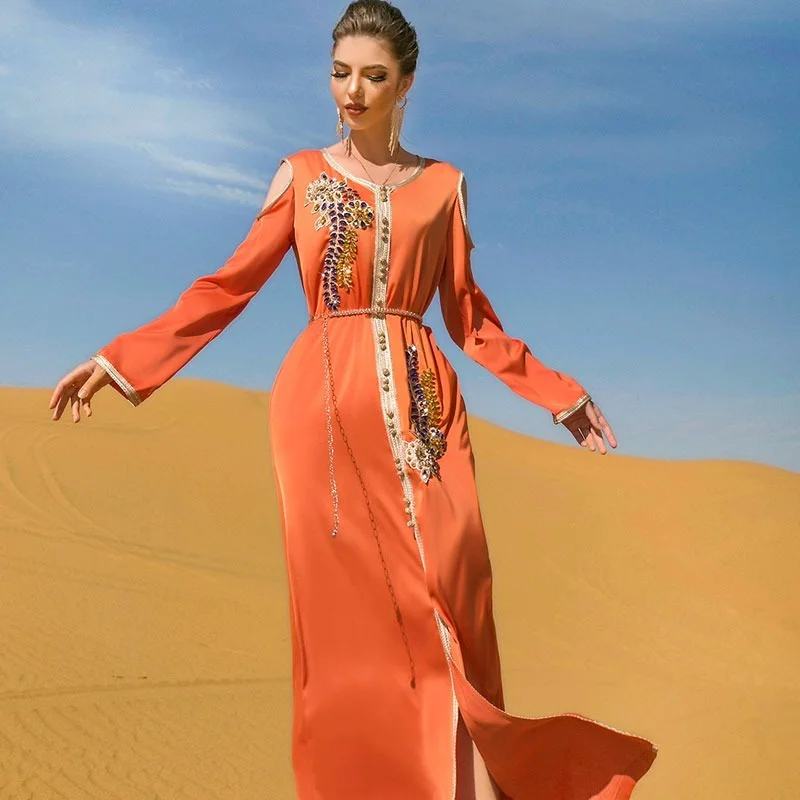 

Kaftan Handsewn Diamond Arabic Long Dresses Evening Moroccan Caftan Women Belted Muslim Dubai Saudi Abaya Ramadan Party Gown