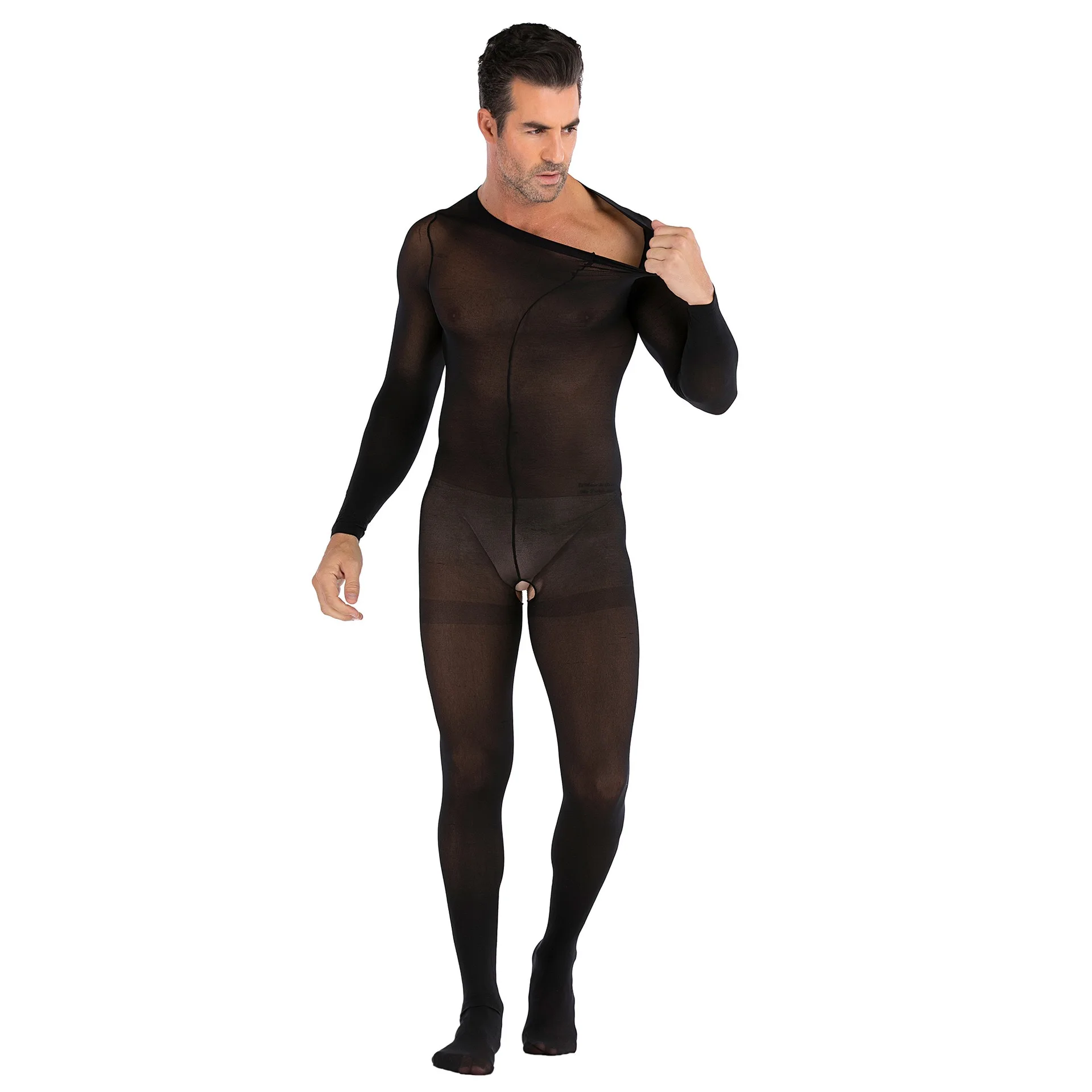 Men's One-piece Stockings Long Sleeve Club Open File Sexy Pajamas JJ Set Of Sex Perspective Suit Mesh Hollow