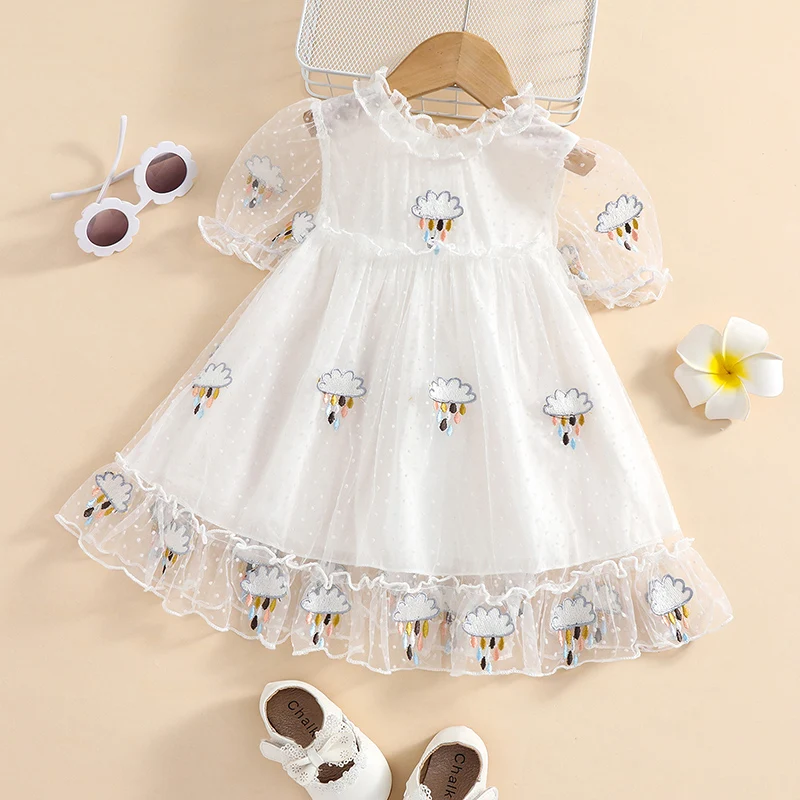 

Kids Baby Girl Princess Dress Toddler Kid Girl Cute Embroidered Rainy Cloud Pattern Puff Short Sleeve Ruffle Tulle Dress