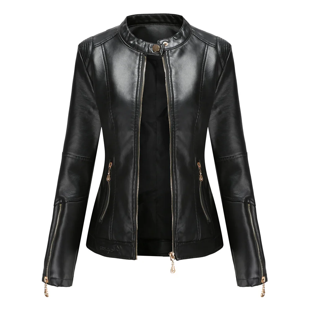 Women Bike Coat PU Leather Outwear Zipper Outfit Spring Autumn WomeFashion Black Green Red Short Thin Female Jacket 2022