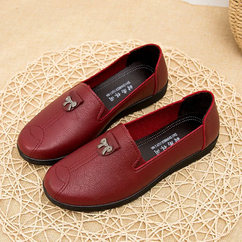 Fashion Leather Women Loafers Elegant Luxury Shoes Bowtie Flats Slip on Ladies Sewing Comfortable Mom Shoes Soft Sole Moccasins