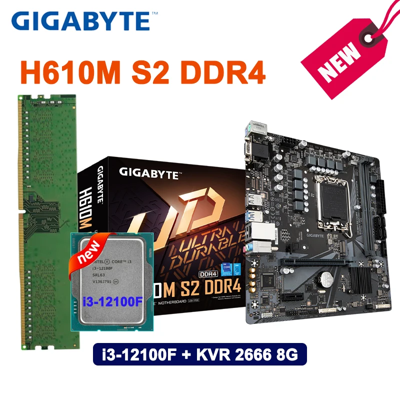 

Комплект материнской платы GIGABYTE H610M S2 DDR4 + процессор Intel Core i3 12100F + Материнская плата Kingston DDR4 KVR 2666 8G LGA1700 для нового офиса
