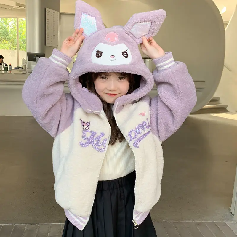 

Sanrio Kawaii Anime Kuromi Wintertime Warm Plush Coat Cute Sweet Cartoon Fleecing Thickness Long Sleeve Jacket Gifts for Girls
