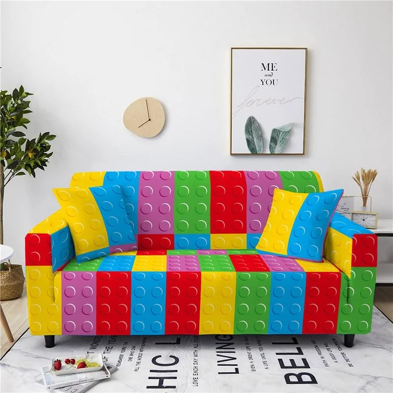 

3D Print Sofa Cover 3 Seater Geometric Dust-proof Elastic Building Block Sofa Cover Furniture Protective Anti-dirty Couch Cover