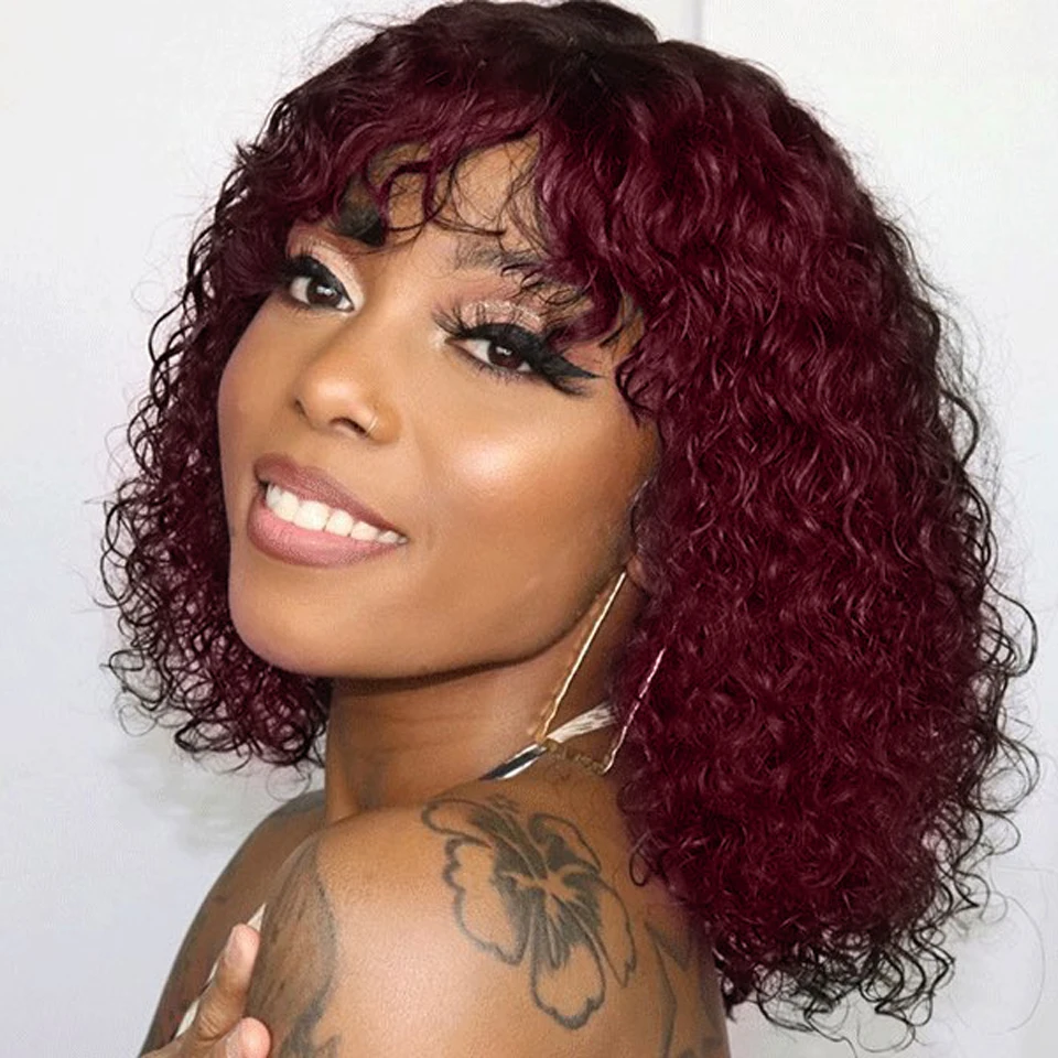 Wine Red Short Curly Bob Wig With Bangs Brazilian Water Wave Wigs For Women No Lace Curly Human Hair Wigs Full Machine Hair Wigs
