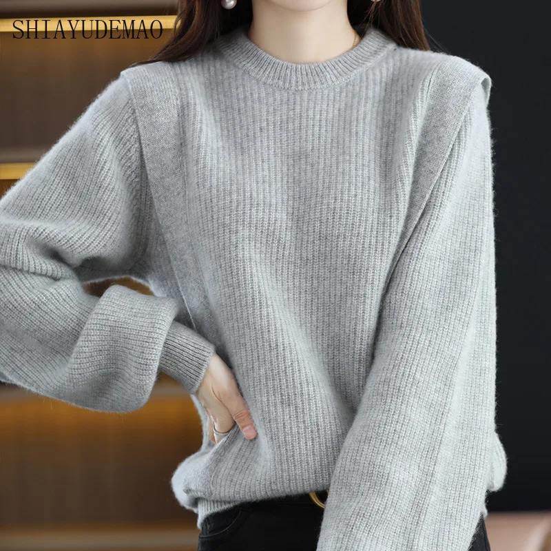 

Women's Sweater Autumn Winter Thickening Loose 100% Wool O-neck Long Sleeve Tops Female Knitwears Fashion Woman Blouse 2023 New