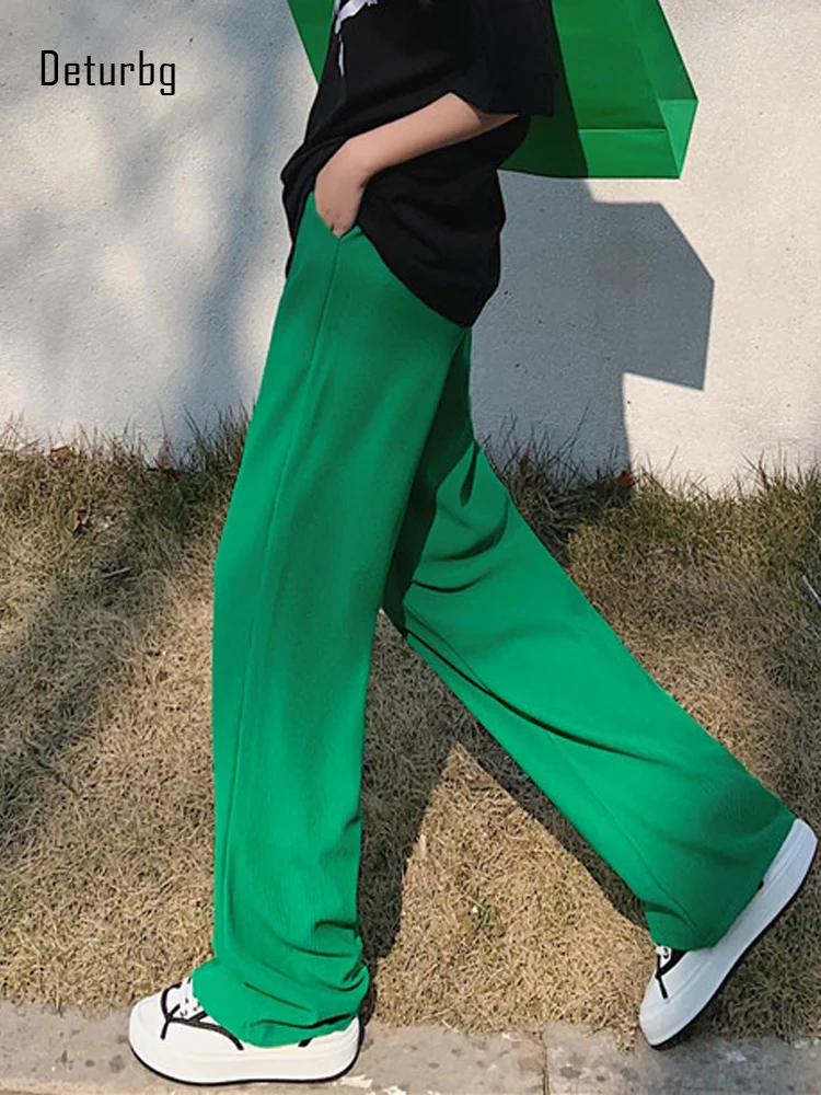 Bayan temel yeşil geniş bacak düz pantolon kadın Harajuku yüksek bel İpli ribana kumaş egzersiz Sweatpants 2022 bahar PA166