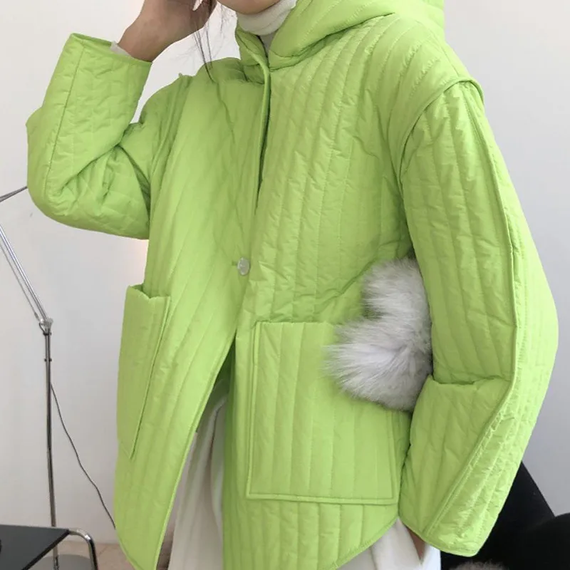 Autumn and Winter Quilted Hooded Parka Coat Women's Fashion Lazy Oversized Warm Coat Korean Casual Commuter Coat Solid Jacket