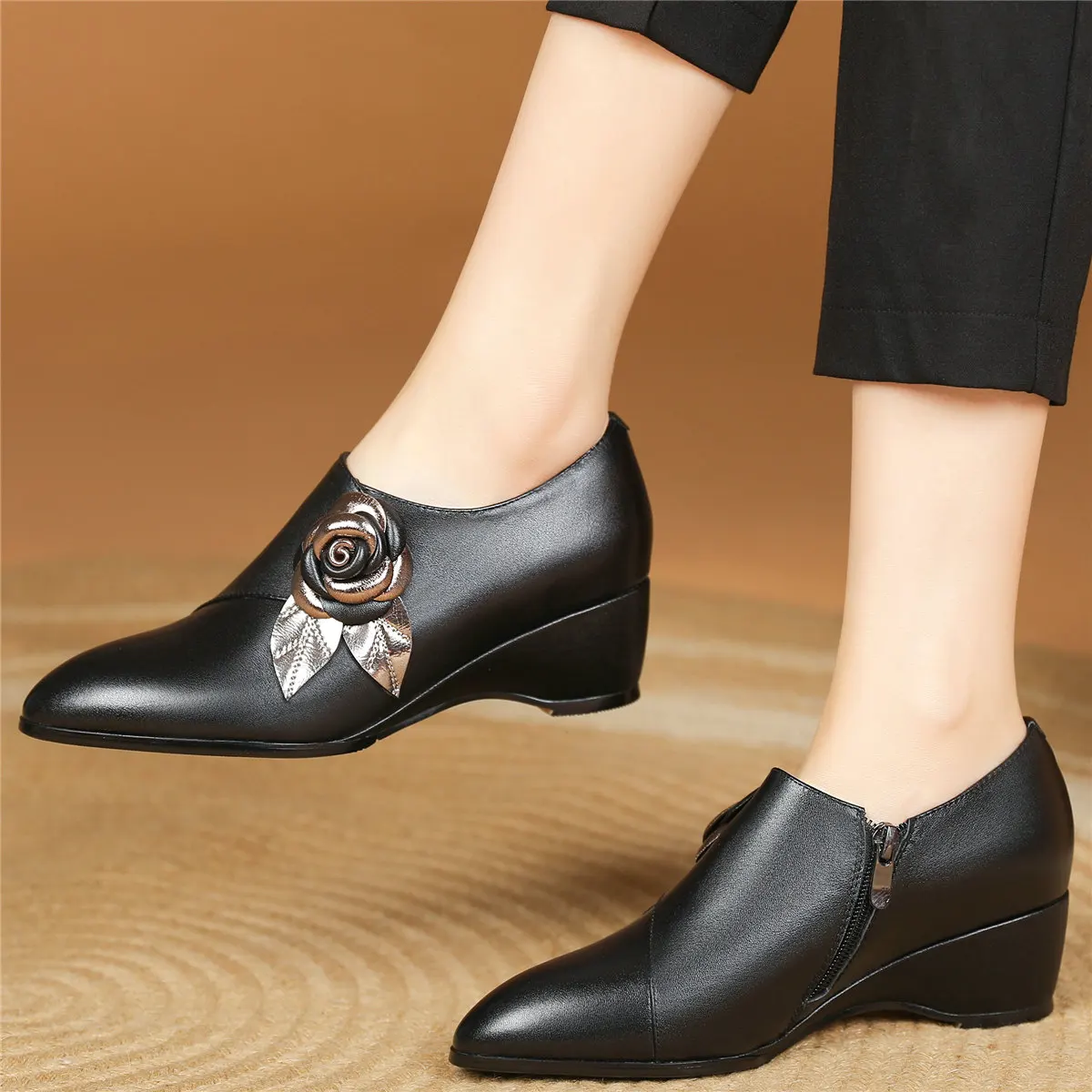 Flowers Platform Oxfords Party Shoes Women Genuine Leather Wedges Med Heels Pumps Female Round Toe Fashion Sneakers Casual Shoes