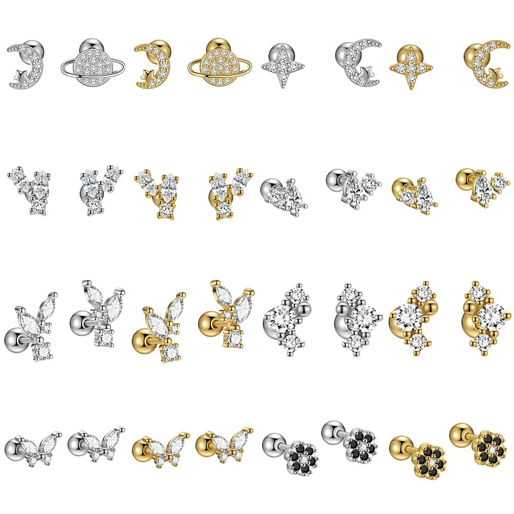 

Real 925 Sterling Silver Fashion Zircon 18K Gold Glaze Flower Screw Stud Earrings for Daughter Girls Fine Jewelry Gift Stackable