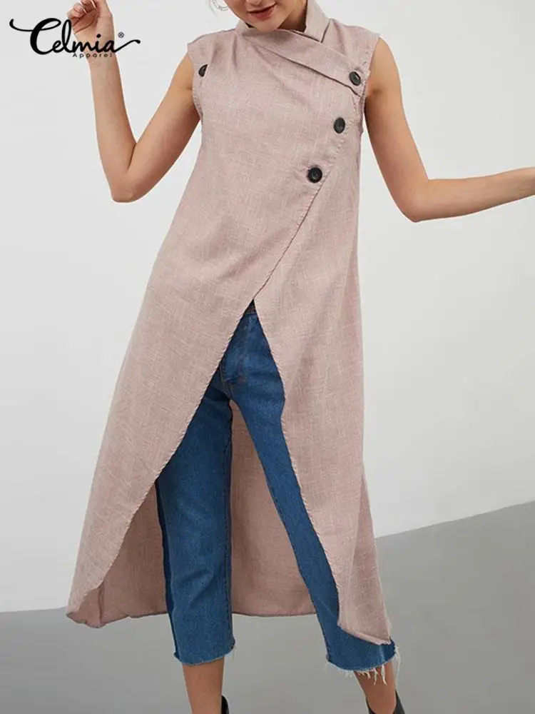 

2023 Celmia Women Fashion Sleeveless Buttons Tops Asymmetrical Long Shirts Summer Casual Loose Split Hem Street Blusas Femininas