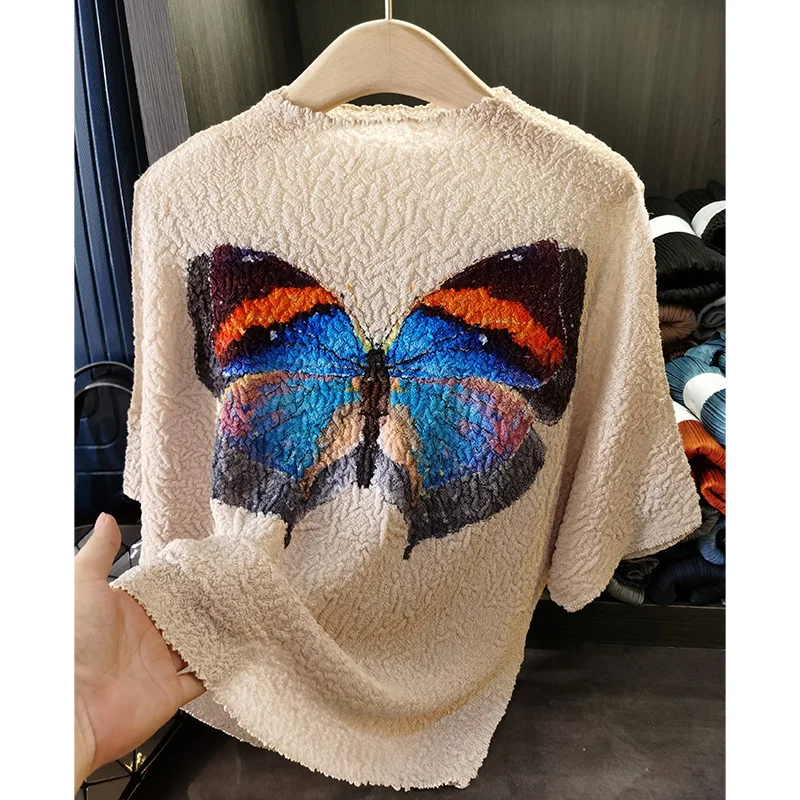 

Miyake Hand Pinch Pleated Butterfly Print T-shirt Female Round Neck Hundred with Thin Senior Sense Bat Sleeve Loose Top Clothing