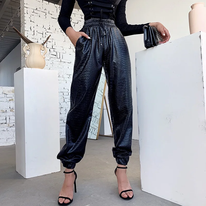 

Plus Size Dumb Beam Foot PU Overalls Female Drawstring Retro Autumn and Winter Leather Pants Tide