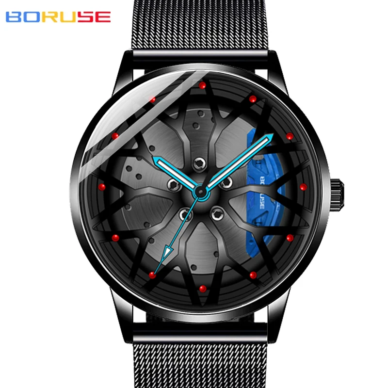 

Luxury Men's Fashion Car Wheel Watches for Men Stainless Steel Mesh Belt Waterproof Quartz Watch Luminous Clock montre homme