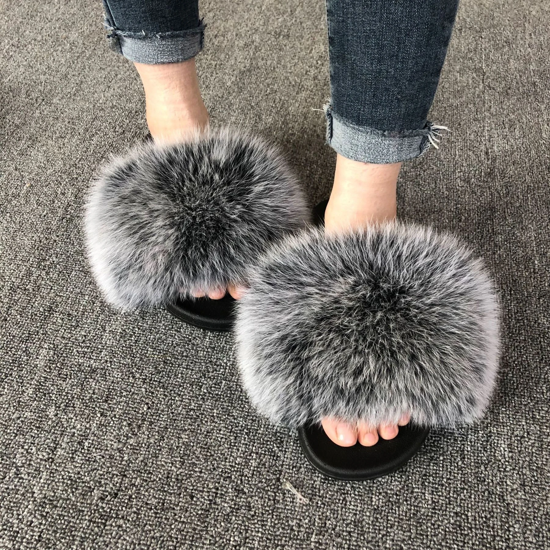 Fur Slippers Summer Women Real Fox Fur Slides Home Furry Flat Sandals Non-Slip Fluffy Flip Flops Ladies Woman Cute Plush Shoes