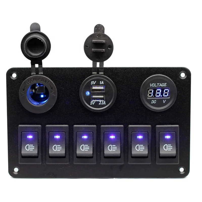 

6 Gang Blue Rocker Switch Panel Circuit Breaker 3.1A Car USB Charger LED Voltmeter Cigarette Lighter Waterproof Car Marine Boat