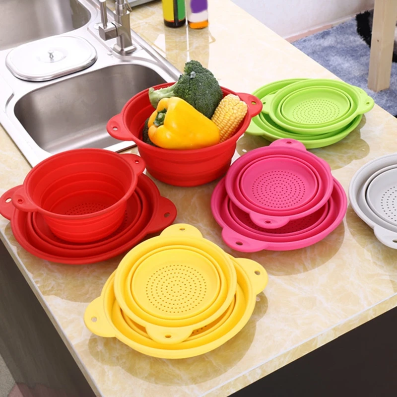 

Folding Colander Drain Basket Set Fruit Vegetable Basket Foldable Silicone Strainer Colander Collapsible Drainer Y5GB
