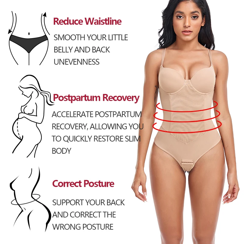 Sexy Built-in Bra Thongs Bodysuit Shapewear Women Mesh Body Shaper with 4 Steel Bones Slim Tummy Control Underwear Mesh Corset