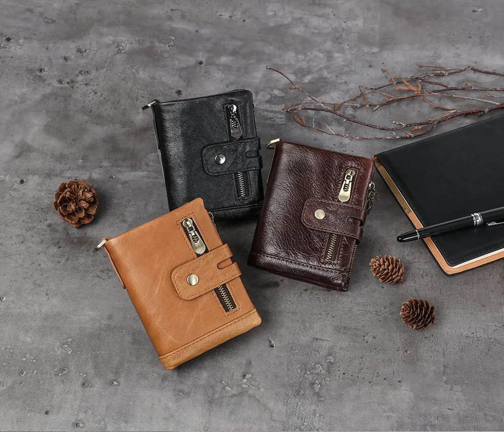 Vintage Men Leather Wallets Soft Genuine Leather Short Card Holder Chain Men Purse Brand Male wallet with Coin Pocket