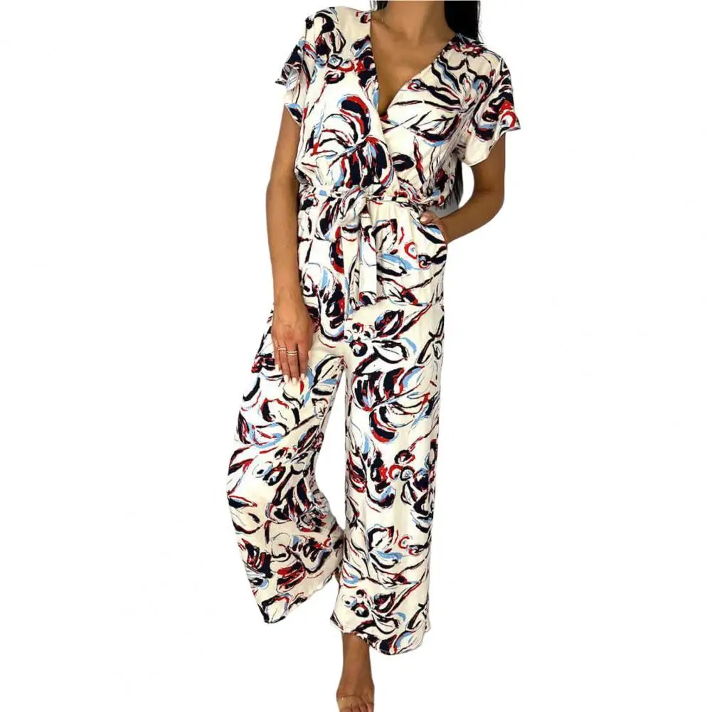 

Romper Playsuits Summer Elegant Wide-leg Trousers Short Sleeve Lave Up Colorful Flower Print Deep V Neck Summer Playsuit
