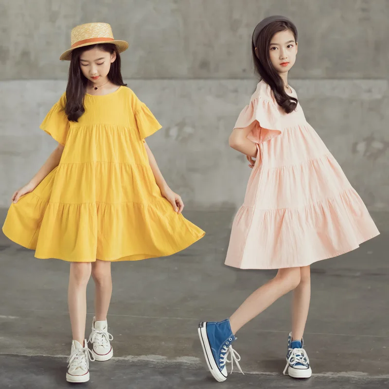 

Платье для девочек, новинка 2022, летняя одежда свободного кроя с коротким рукавом-колокольчиком, модель #2133