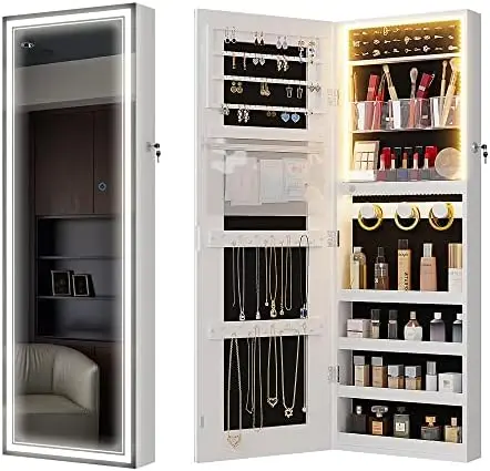 

Mirror with Jewelry Storage, Jewelry Cabinet Organizer with Full-Length Mirror, Mounted/Door Hanging LED Mirror, Dimming Lights
