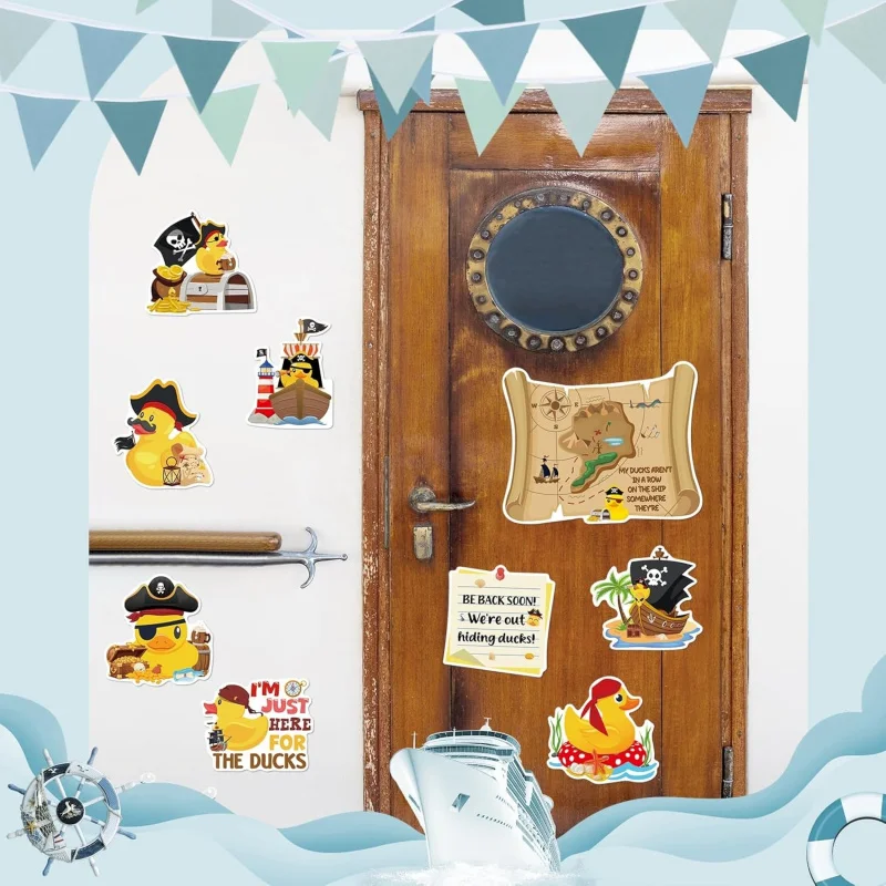 Фото Магниты на дверь Dazoratix Duck Cruise, 8 шт., пиратские резиновые уточки, большие украшения для кают корабля, магнитные забавные наклейки, аксессуары для кают №4