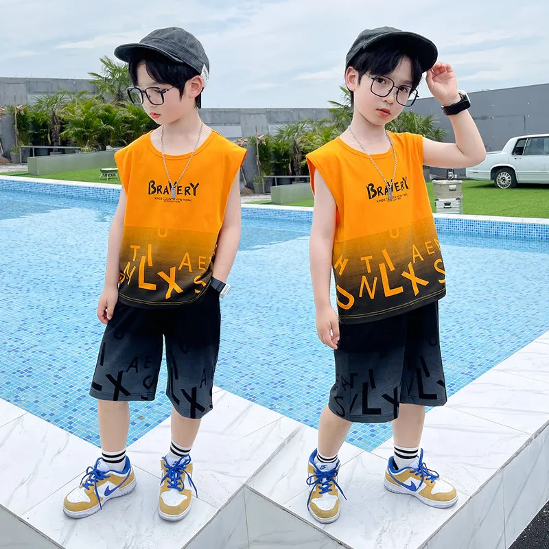 Boys Fashion Clothes Set Trend Kids 2022 New Summer Printing Sleeveless T-shirt And Shorts 2 Pieces Suit Big Children's Outfits