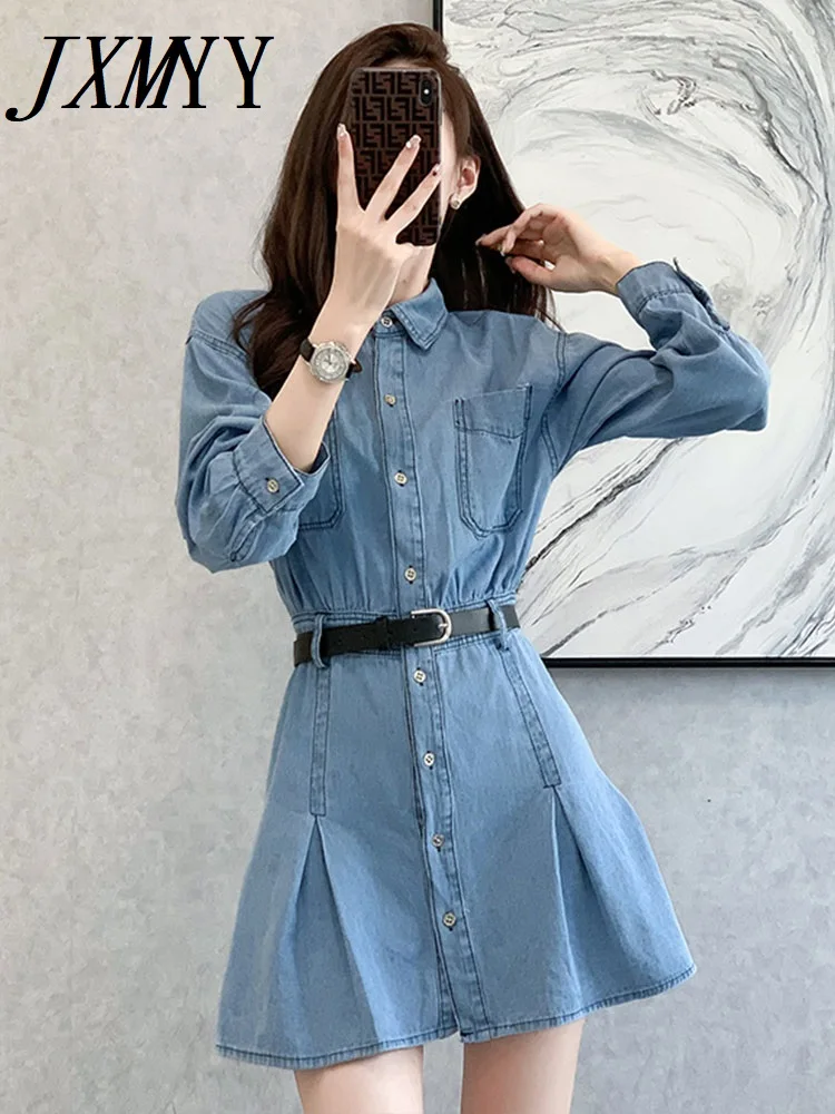 

2022 Spring And Autumn Fashion New Thin Section Elegant Temperament Denim Dress Short Skirt Pleated Women's Waist high Sense