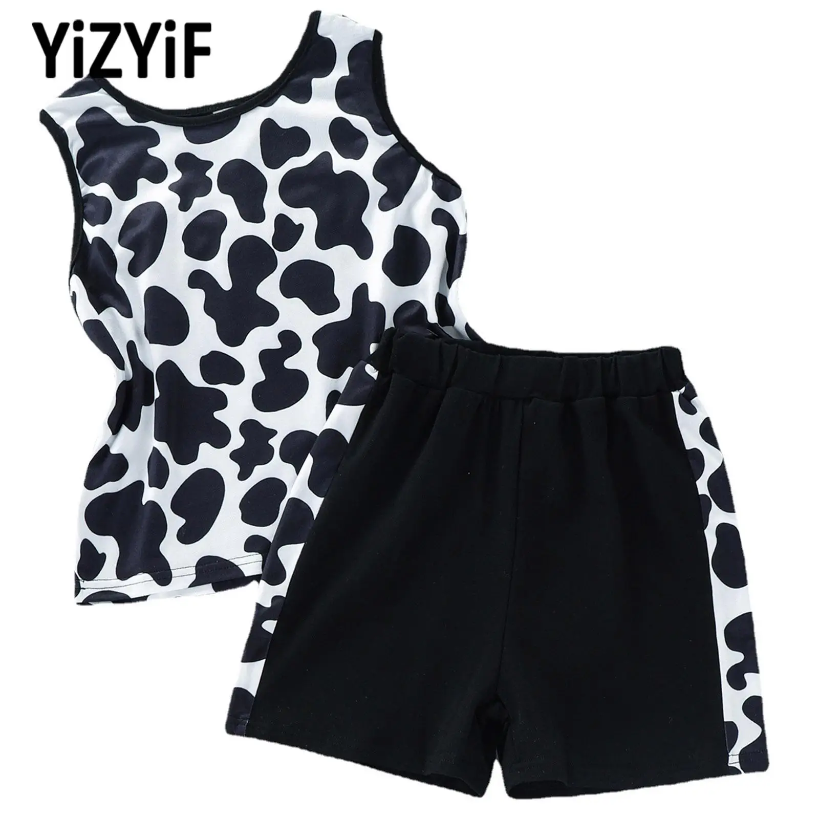 

Children Kids Boys Sleeveless Sports Outfits Cow Pattern Print Vest Top T-shirt Shorts Set Fashion Casual Tracksuit Home Wear