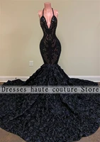 black sparkly sequin african girls prom dresses halter 3d flowers mermaid formal party dress evening gowns robes de soir%c3%a9e