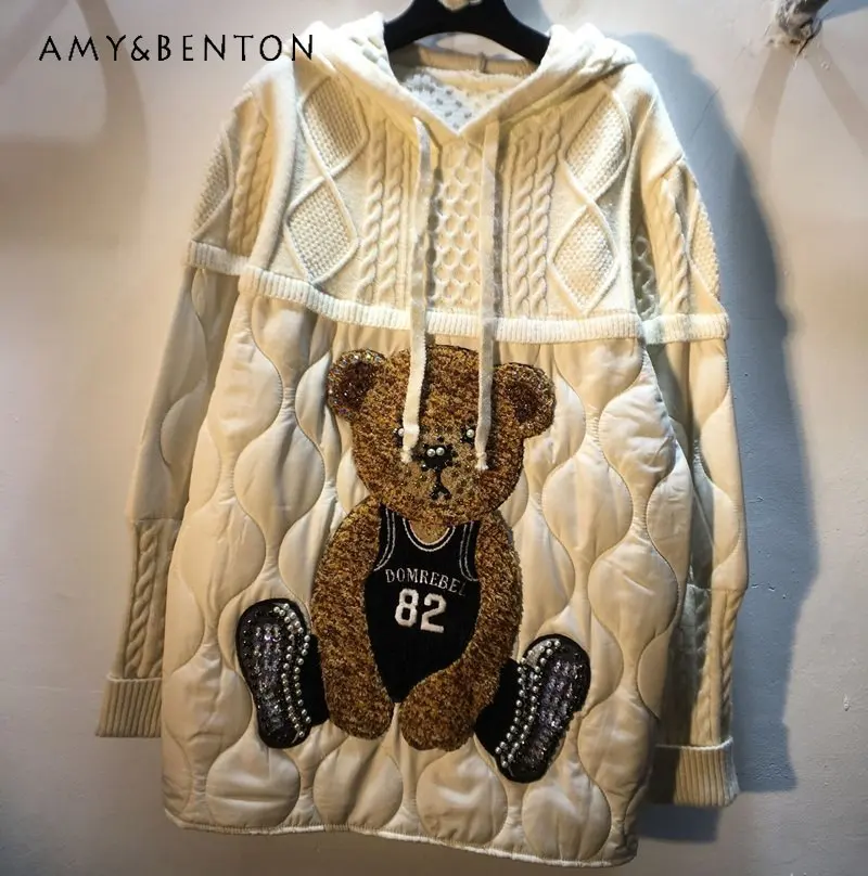 Autumn New Exquisite Rhinestone Bear Sweatshirt Tops for Women Loose Slimming Wool Stitching Quilted Hooded Sweatshirt Pullover