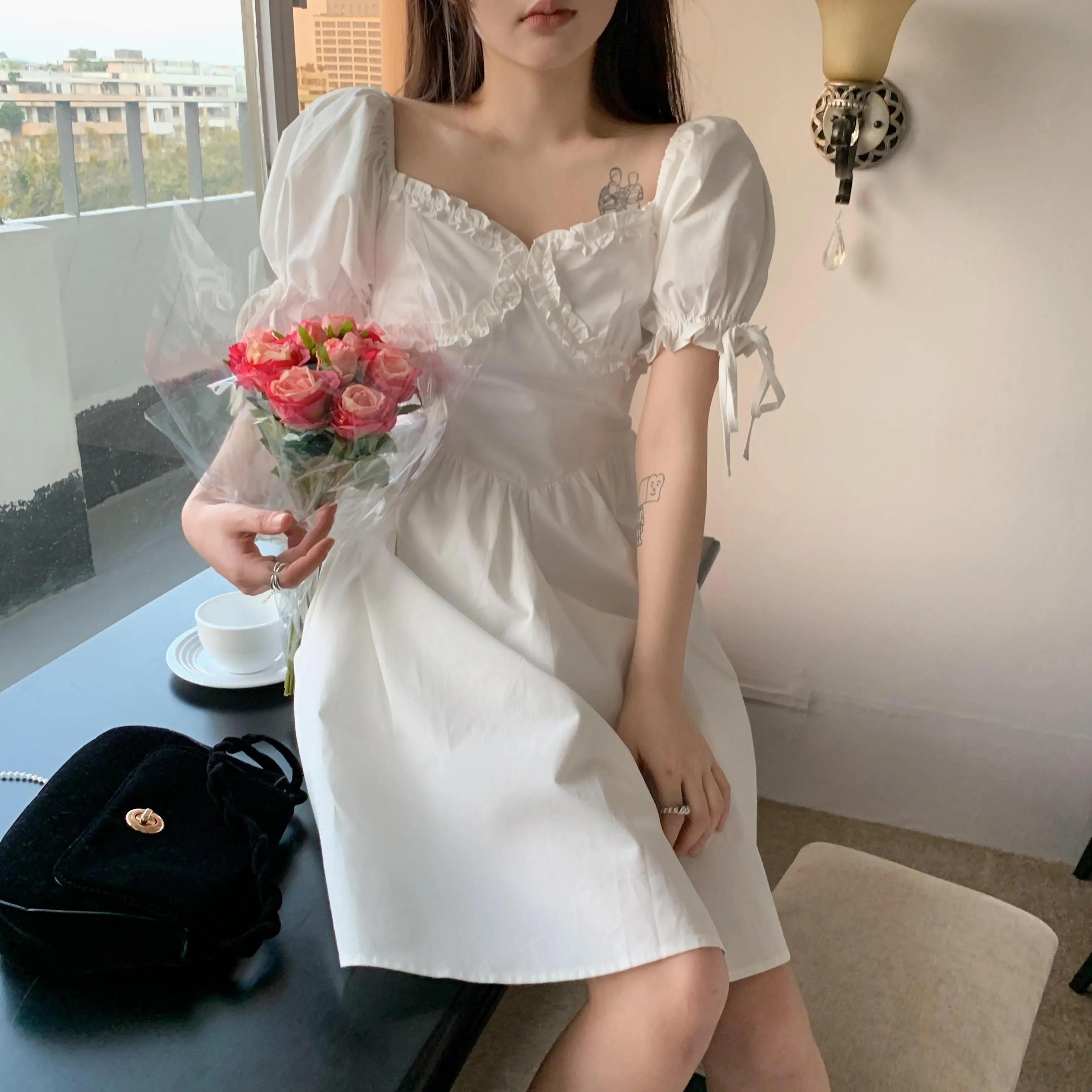 

COIGARSAM Women's Summer Dress 2022 New Puff Sleeve High Waist White Black Dresses Dropshipping