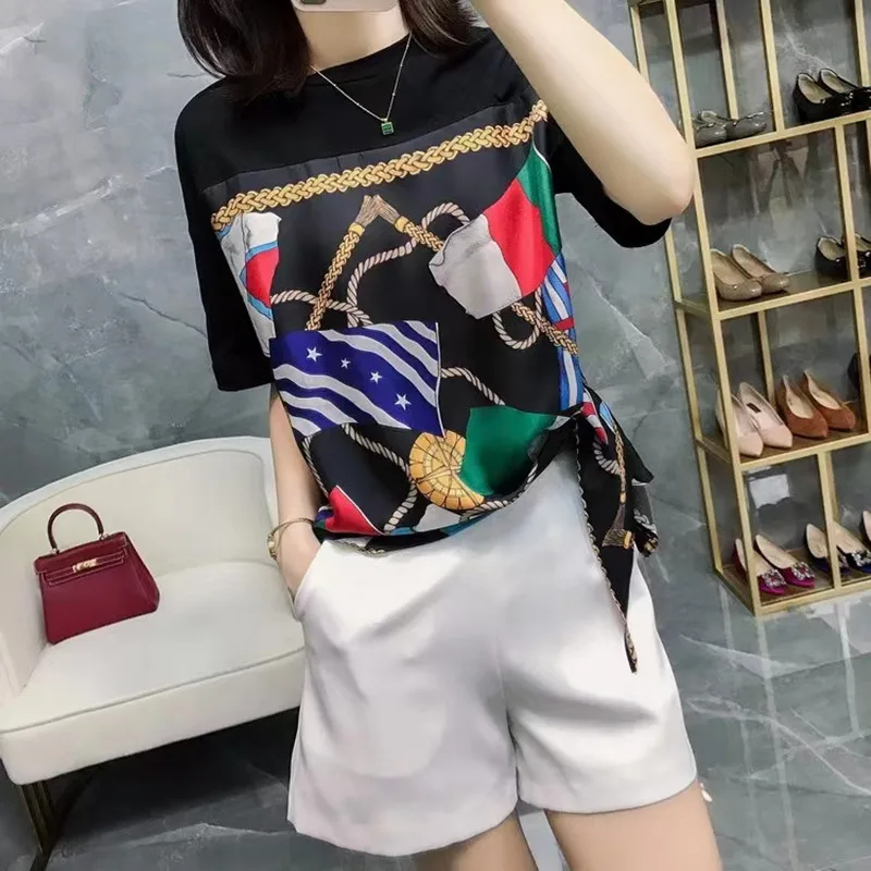 Женская шелковая футболка в западном стиле с коротким рукавом и V-образным