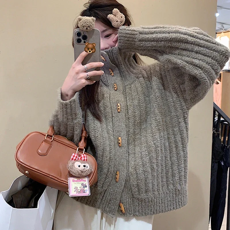 Водолазка толстый вязаный свитер пальто кардиган на пуговицах женский