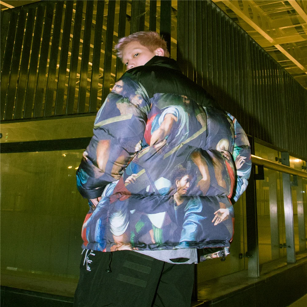 2021 Men's Winter Warm Jacket Coat Patchwork Vintage Painting Harajuku Padded Puffer Jacket Oversize Male Parka Men's Clothing