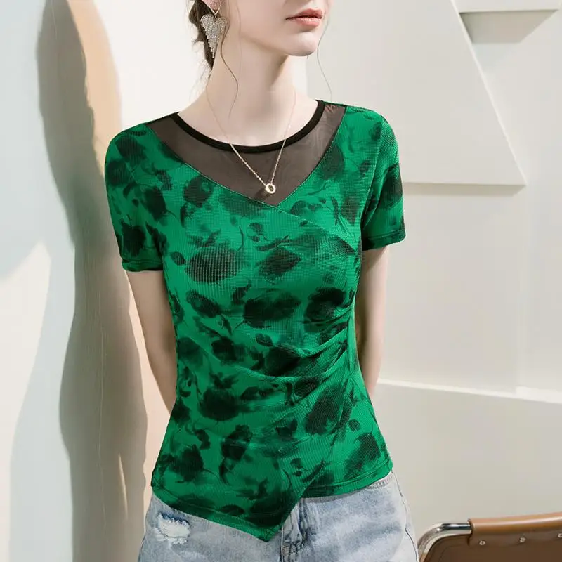 

High Quality 2023 Women T-shirt Splice Print Tees Female Summer Sexy Crop Top Clothes Casual Fashion Blouses Y2k Tops Clothing