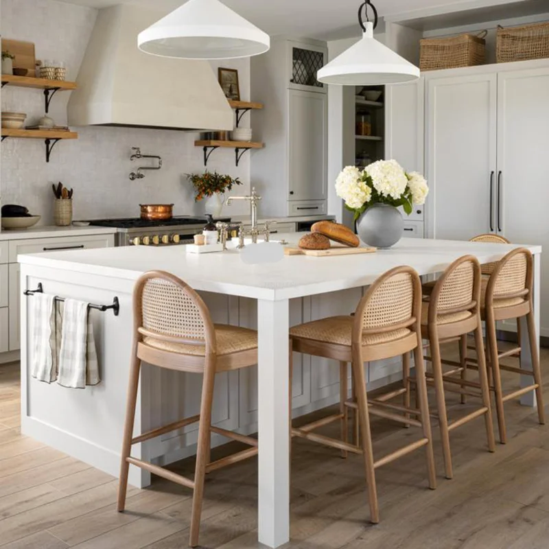 

Nordic Solid Wood Rattan Bar Chairs High Stool Luxury Modern Simple Bar Chairs Backrest Household Taburetes Cocina Furniture