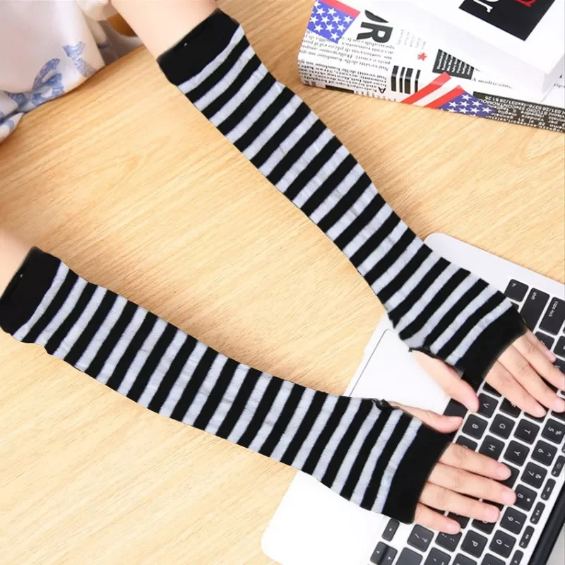 

New in Winter Long Fingerless Gloves Arm Cover Striped Cotton Wrist Sleeves Arm Warmer Sleeve Knitted Gloves Female Girls Mitten