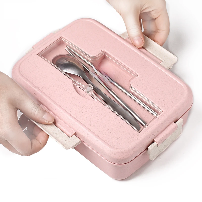 

New Microwave Lunch Box Wheat Straw Dinnerware with Spoon Chopsticks Food Storage Container Children Kids School Office Bento Bo